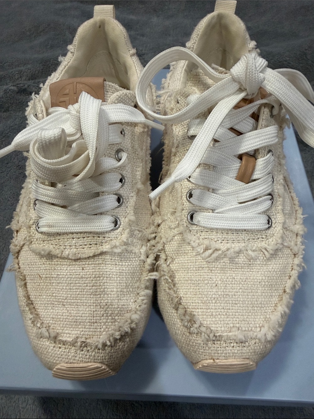 ANTONIO MELANI Cream Frayed Fabric Lace-Up Sneakers with Tan Accents